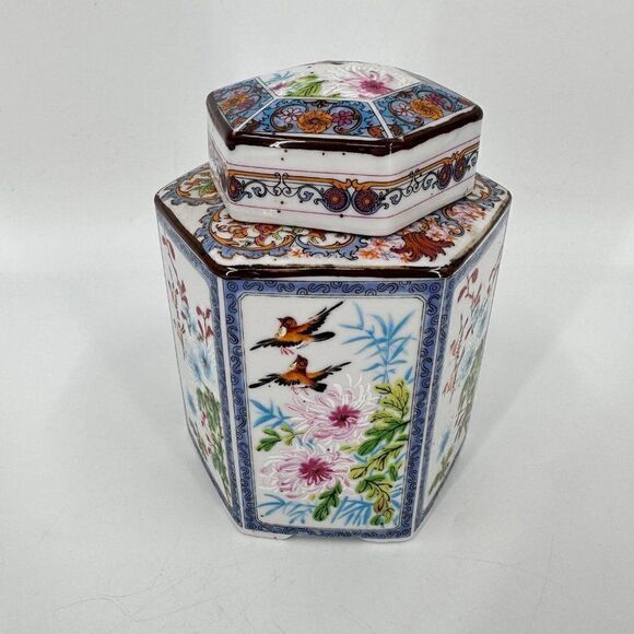 Hexagon Asian Handpainted Ceramic Ginger Tea Jar Mid Century Modern Birds MCM - Picture 2 of 9
